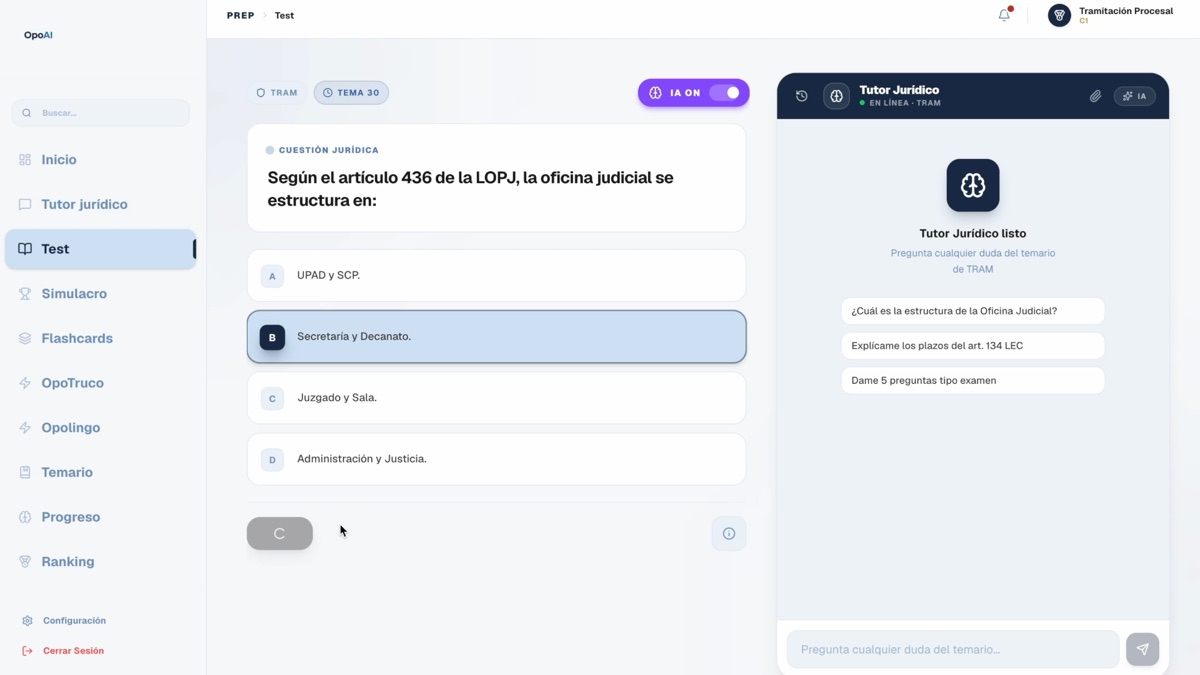 Modo test de OpoAI en las oposiciones de Justicia, con el tutor explicando un fallo